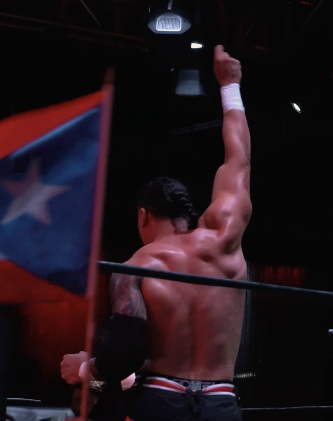 Wrestler raising a fist in the ring beside a Puerto Rican flag