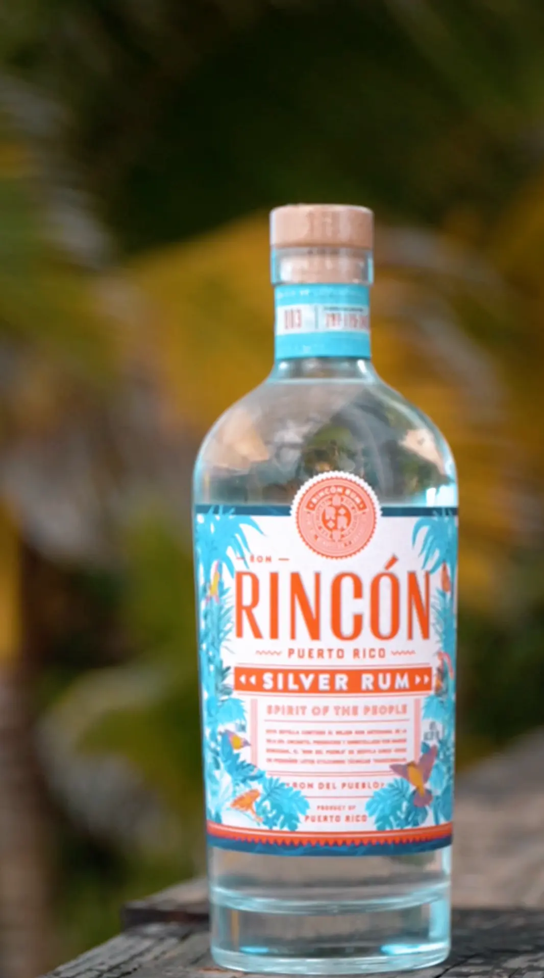 Rincón Silver Rum bottle product shot with palm backdrop